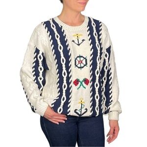 TALBOTS VINTAGE HAND KNIT COTTON NAUTICAL COLORBLOCK CABLE KNIT CREW SWEATER